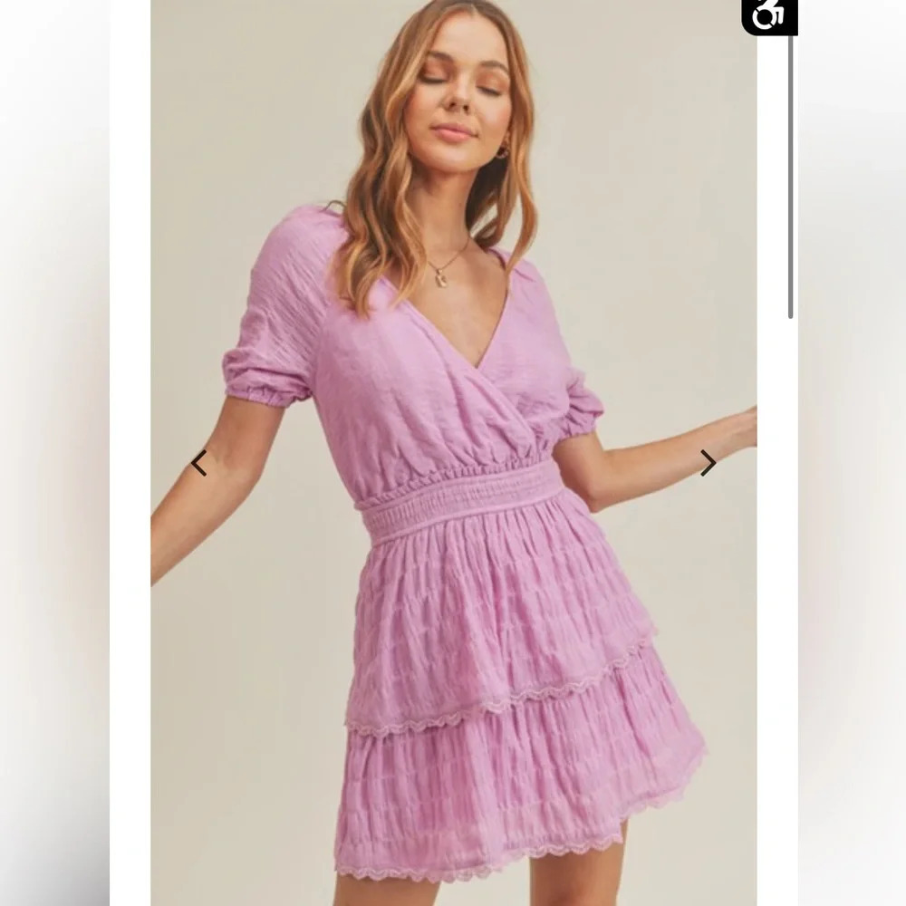 Women’s Resortwear Pink Cotton Puff Sleeve Wrap Tiered Pink Purple Mini Dress - Picture 12 of 12